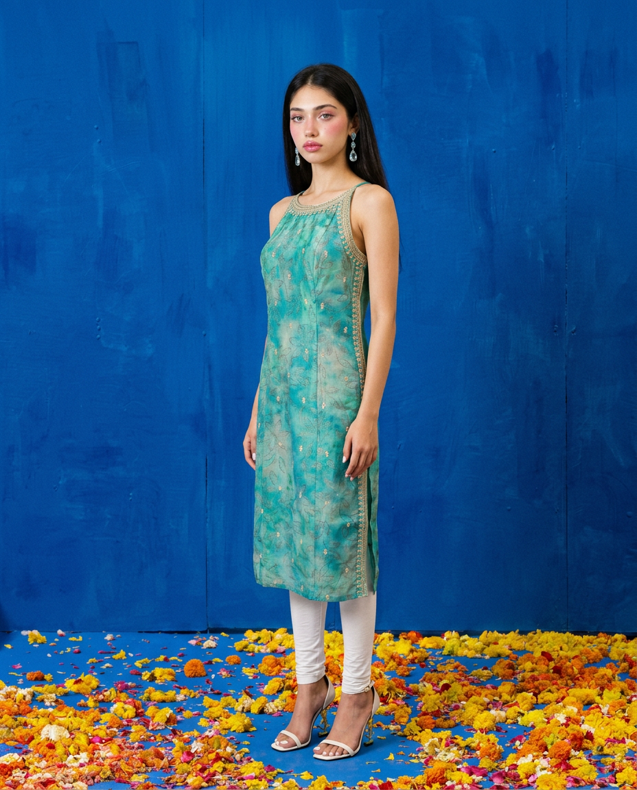 Green Embroidered Viscose Blended Spaghetti Strap Straight Cut Long Kurta