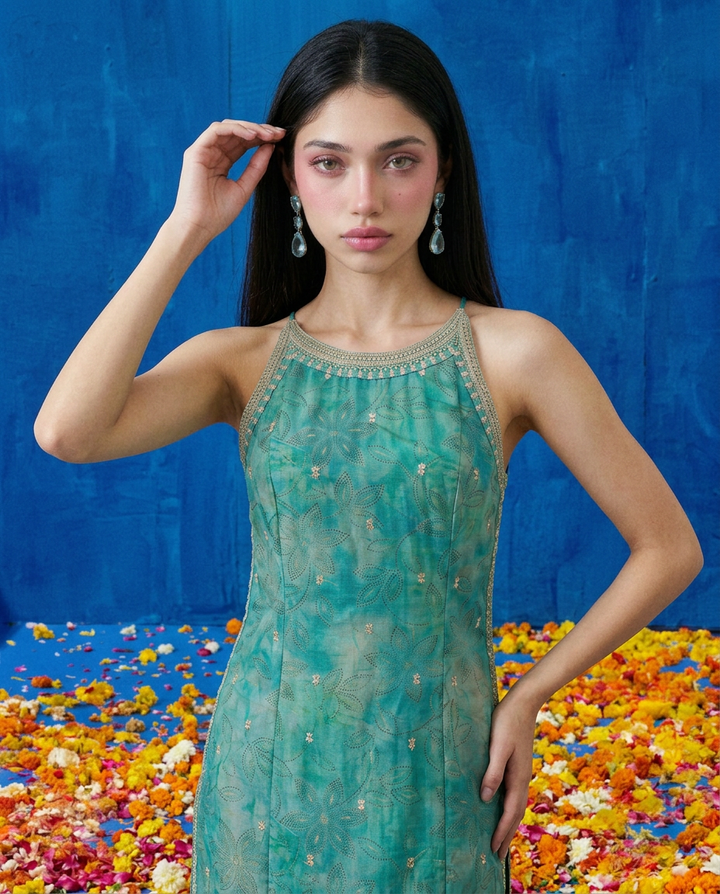 Green Embroidered Viscose Blended Spaghetti Strap Straight Cut Long Kurta
