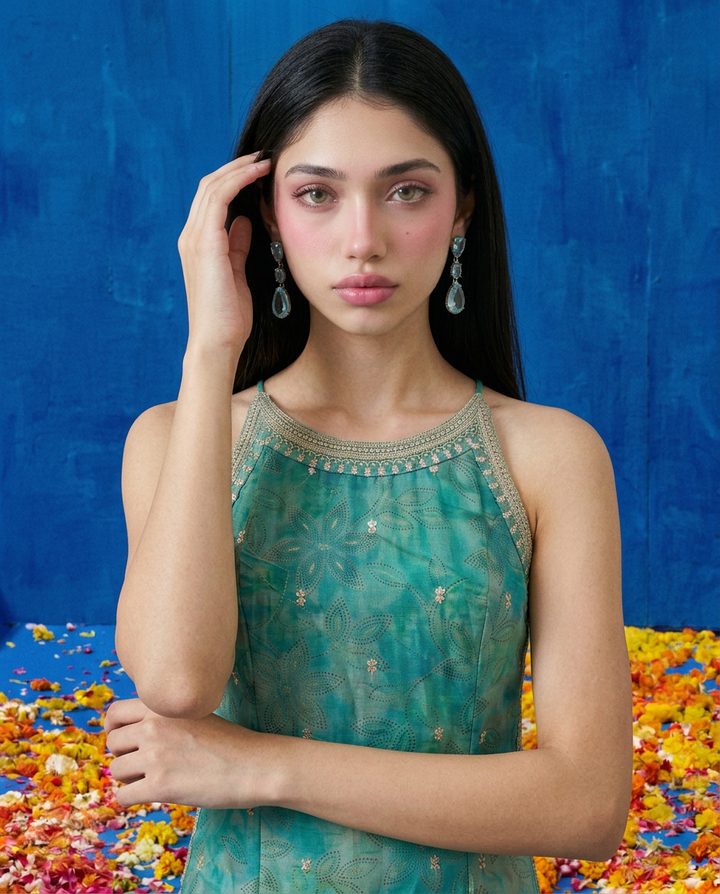 Green Embroidered Viscose Blended Spaghetti Strap Straight Cut Long Kurta
