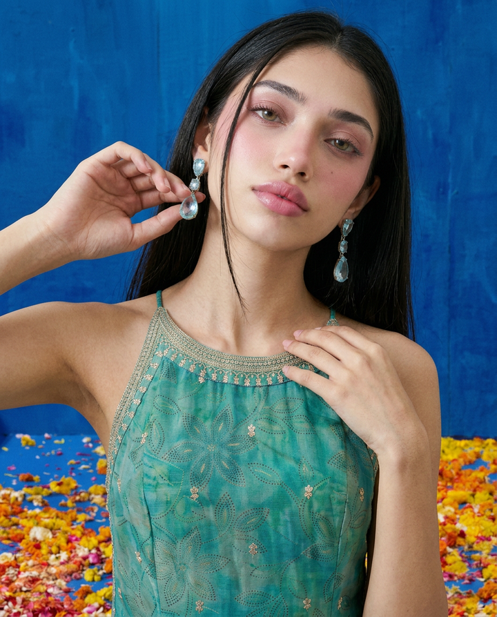 Green Embroidered Viscose Blended Spaghetti Strap Straight Cut Long Kurta