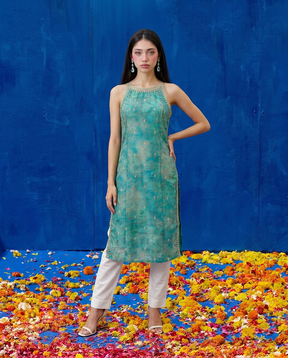 Green Embroidered Viscose Blended Spaghetti Strap Straight Cut Long Kurta