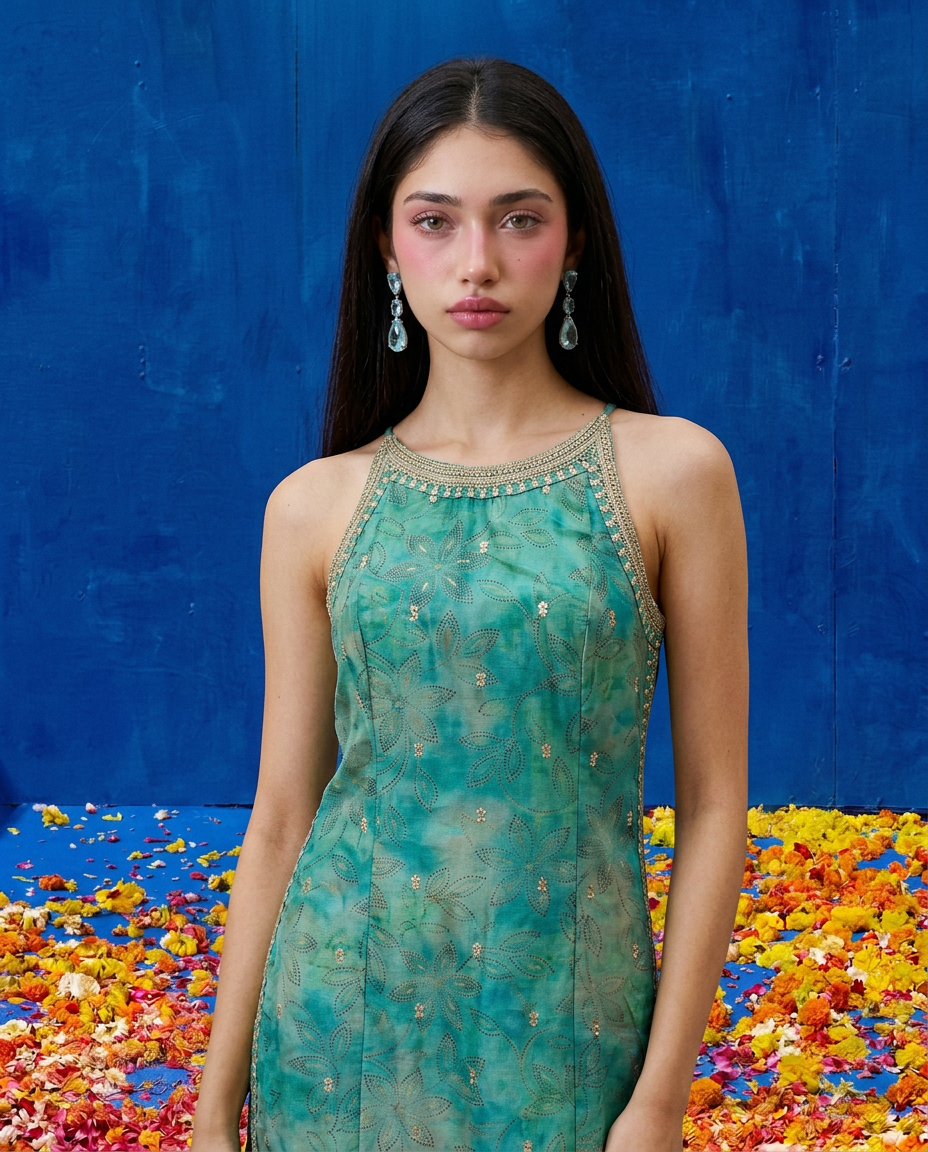 Green Embroidered Viscose Blended Spaghetti Strap Straight Cut Long Kurta