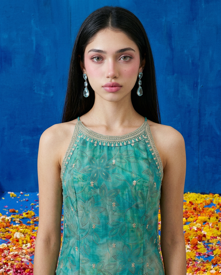 Green Embroidered Viscose Blended Spaghetti Strap Straight Cut Long Kurta