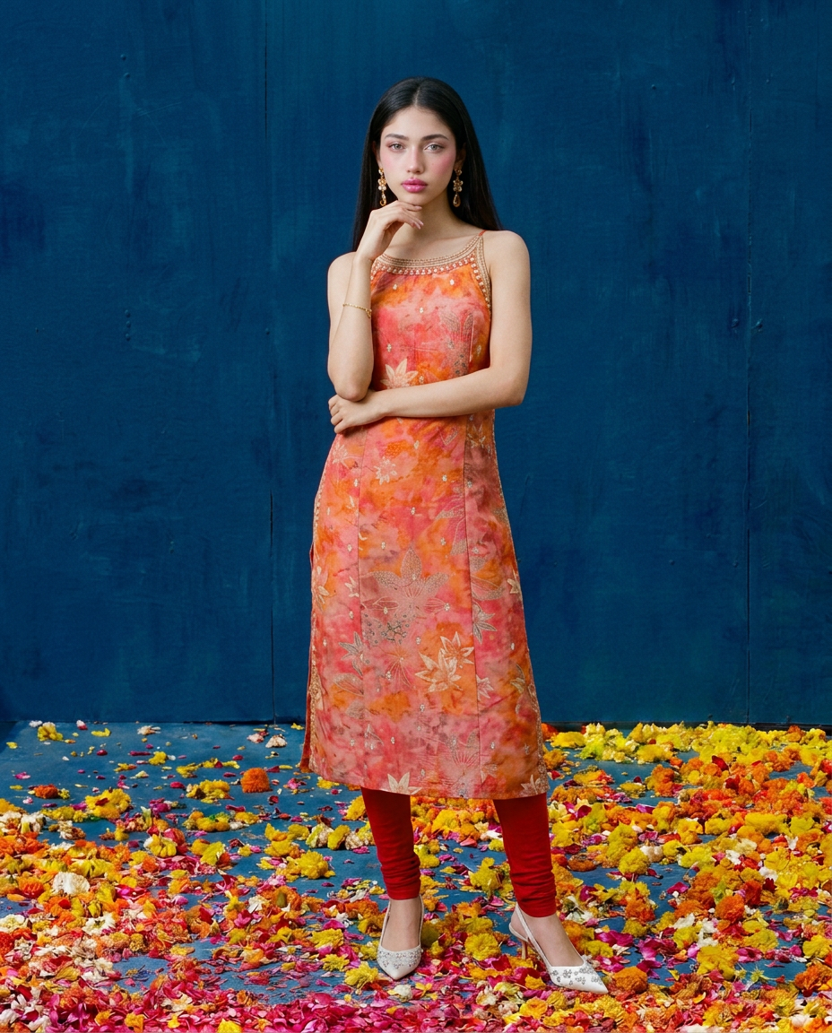 Orange Embroidered Viscose Blended Spaghetti Strap Straight Cut Long Kurta