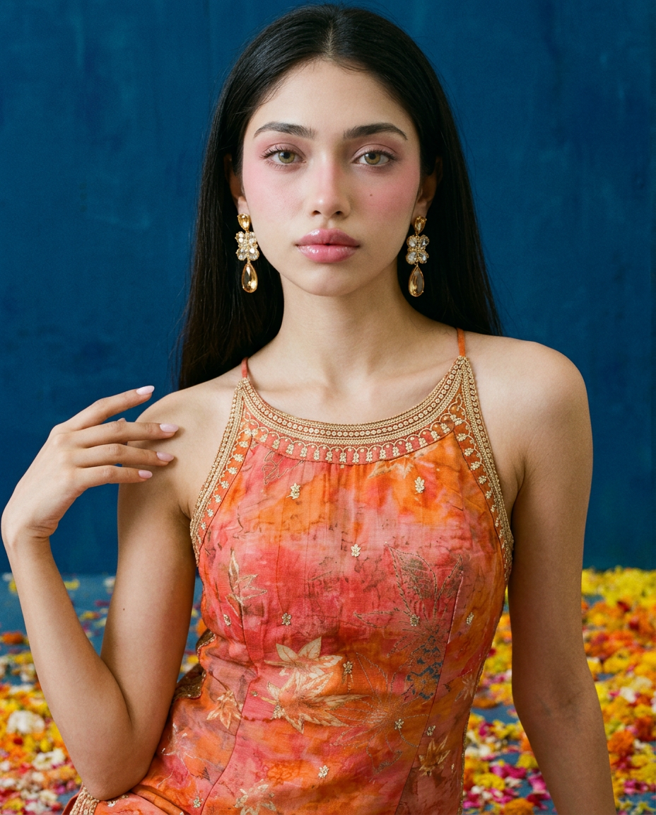 Orange Embroidered Viscose Blended Spaghetti Strap Straight Cut Long Kurta