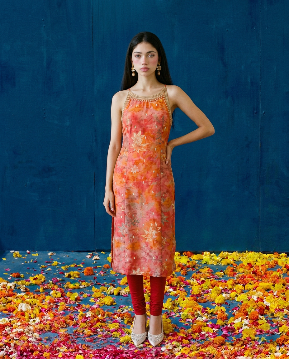 Orange Embroidered Viscose Blended Spaghetti Strap Straight Cut Long Kurta
