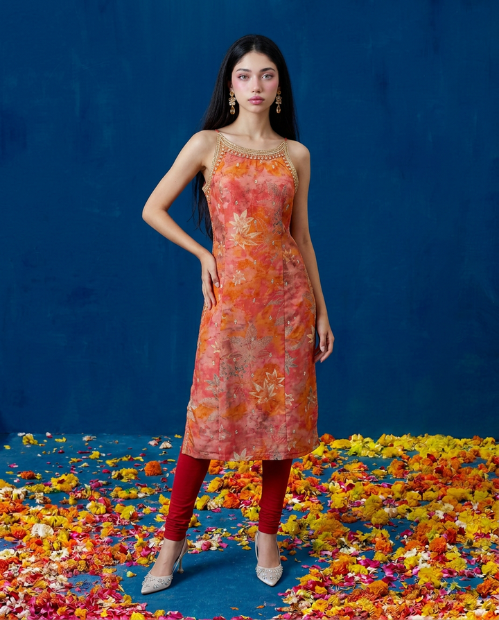 Orange Embroidered Viscose Blended Spaghetti Strap Straight Cut Long Kurta
