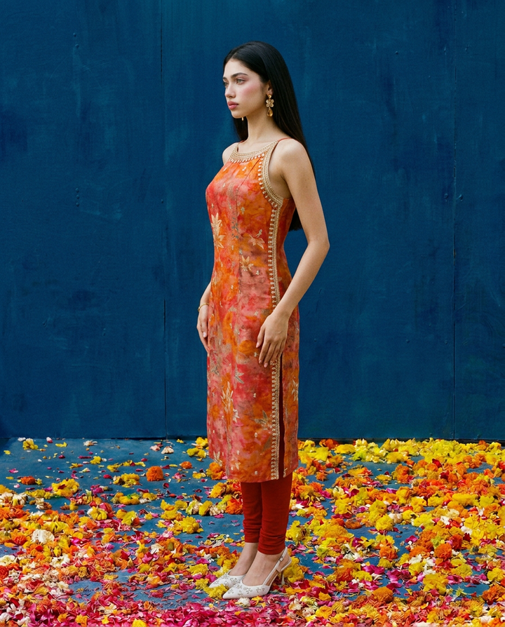 Orange Embroidered Viscose Blended Spaghetti Strap Straight Cut Long Kurta