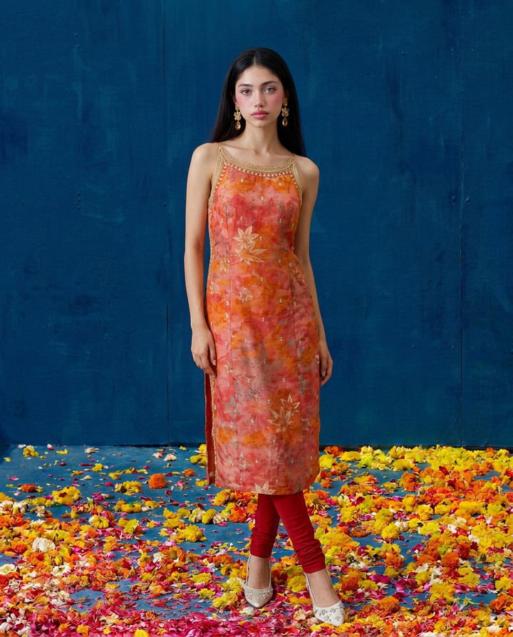 Orange Embroidered Viscose Blended Spaghetti Strap Straight Cut Long Kurta