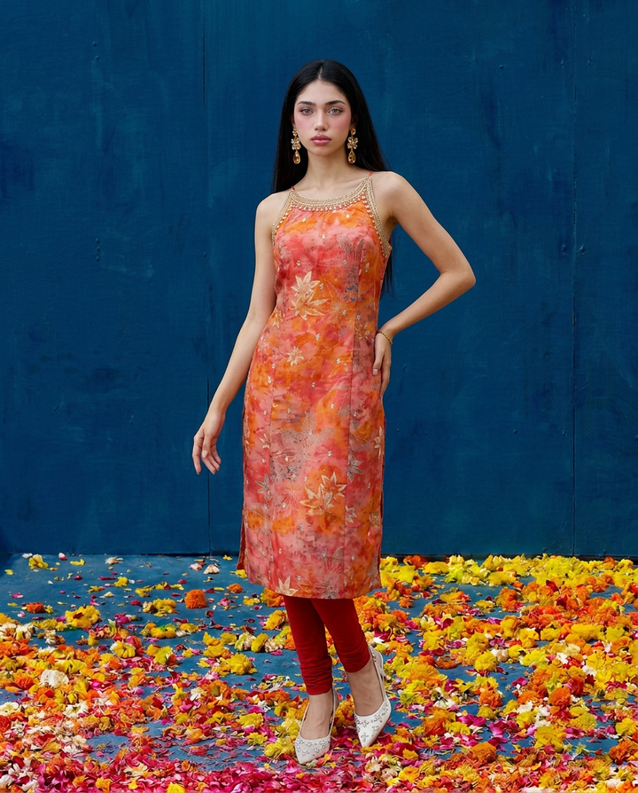 Orange Embroidered Viscose Blended Spaghetti Strap Straight Cut Long Kurta