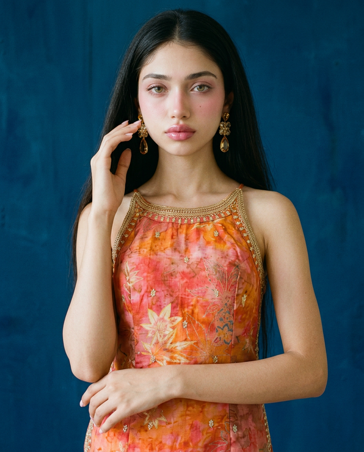 Orange Embroidered Viscose Blended Spaghetti Strap Straight Cut Long Kurta