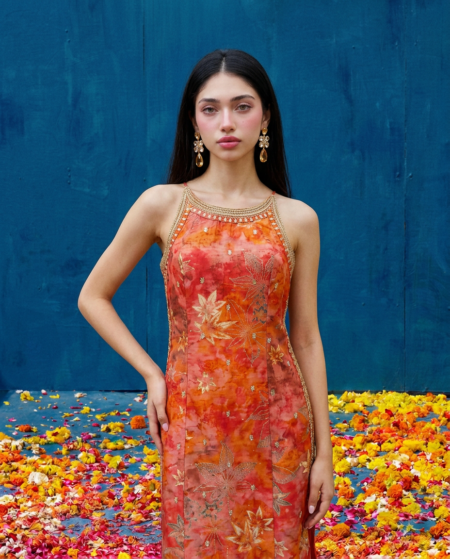 Orange Embroidered Viscose Blended Spaghetti Strap Straight Cut Long Kurta