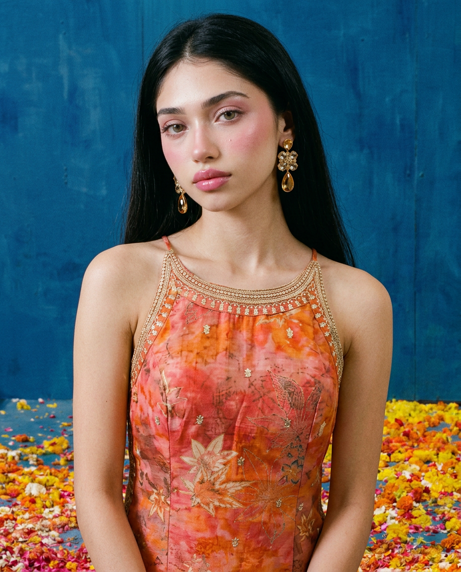 Orange Embroidered Viscose Blended Spaghetti Strap Straight Cut Long Kurta