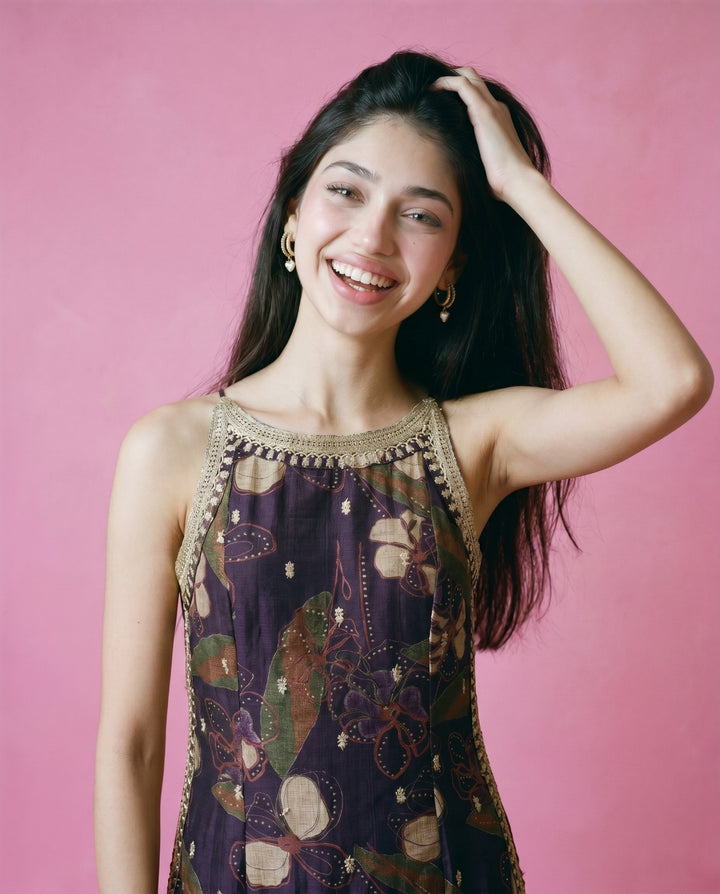 Purple Embroidered Viscose Blended Spaghetti Strap Straight Cut Long Kurta