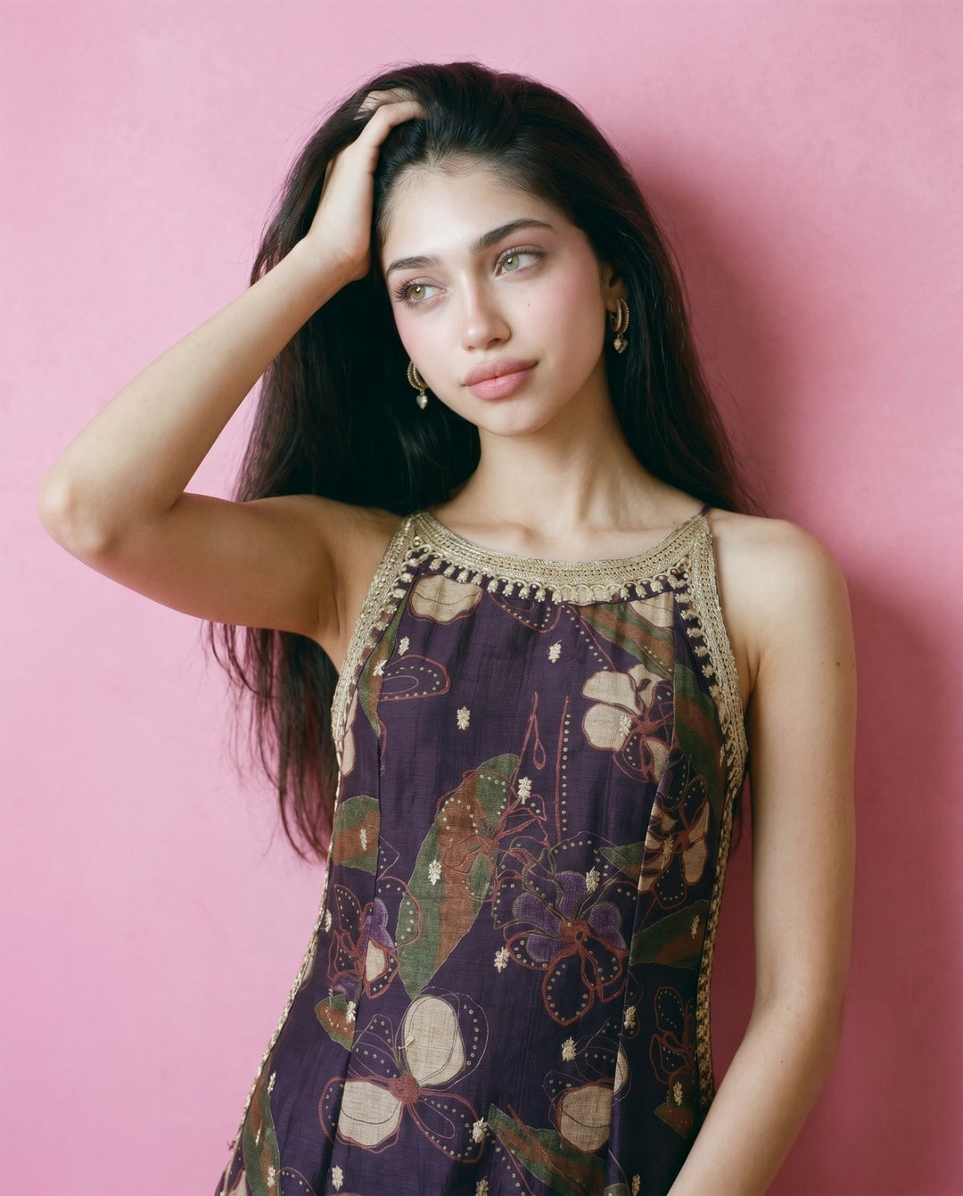 Purple Embroidered Viscose Blended Spaghetti Strap Straight Cut Long Kurta