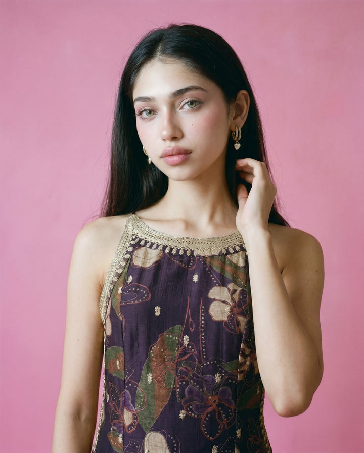 Purple Embroidered Viscose Blended Spaghetti Strap Straight Cut Long Kurta