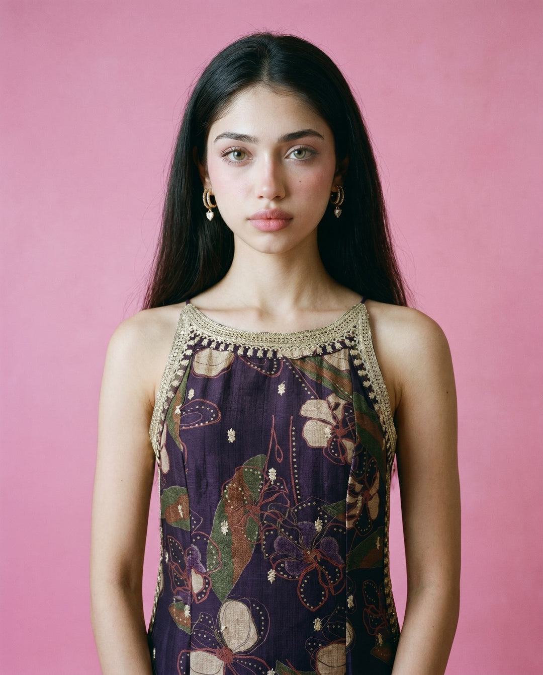 Purple Embroidered Viscose Blended Spaghetti Strap Straight Cut Long Kurta
