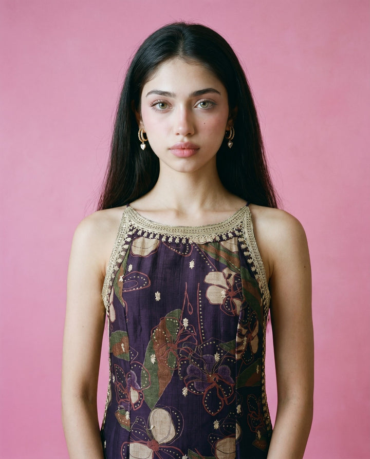 Purple Embroidered Viscose Blended Spaghetti Strap Straight Cut Long Kurta