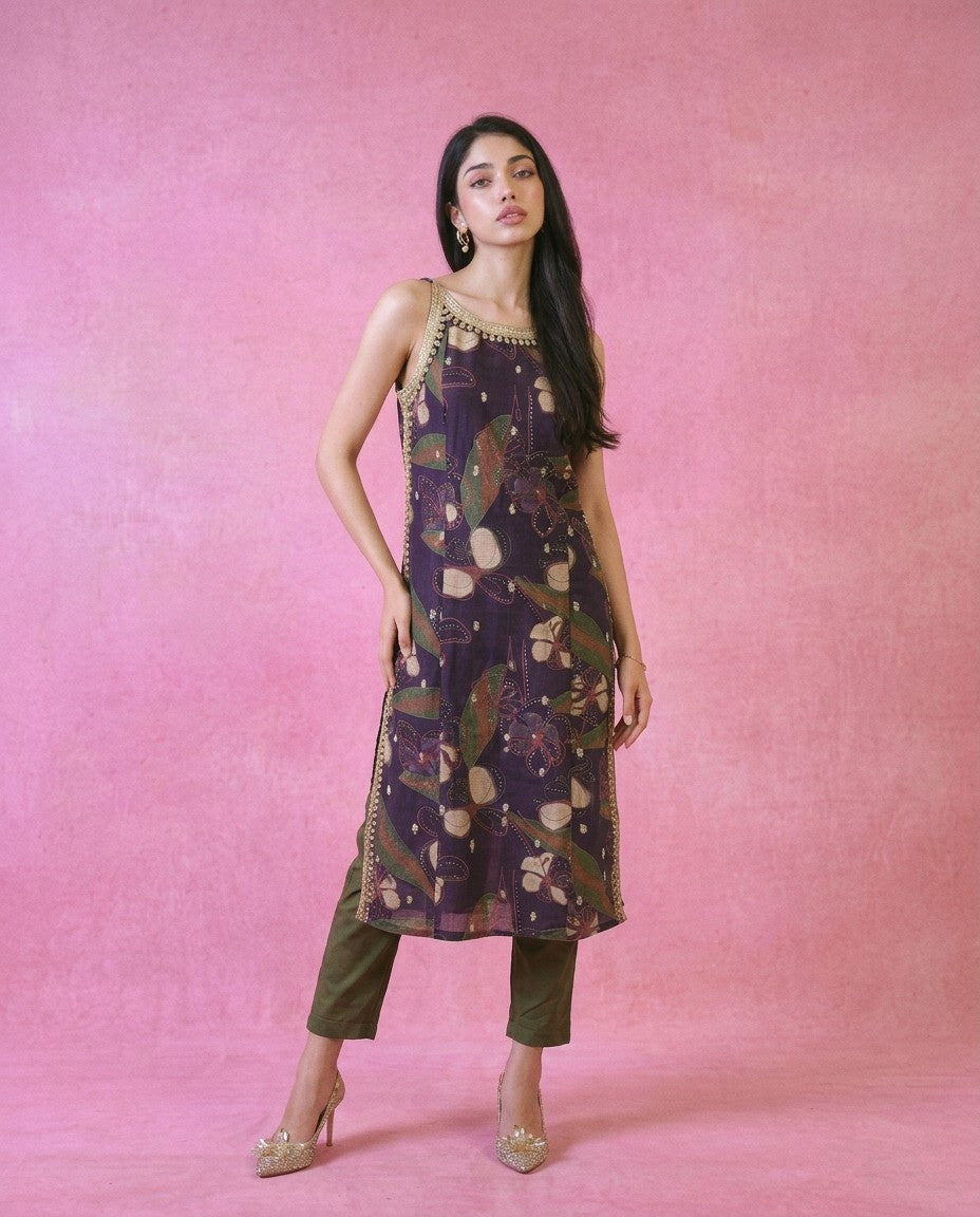 Purple Embroidered Viscose Blended Spaghetti Strap Straight Cut Long Kurta