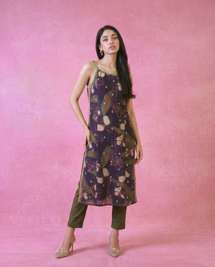 Purple Embroidered Viscose Blended Spaghetti Strap Straight Cut Long Kurta