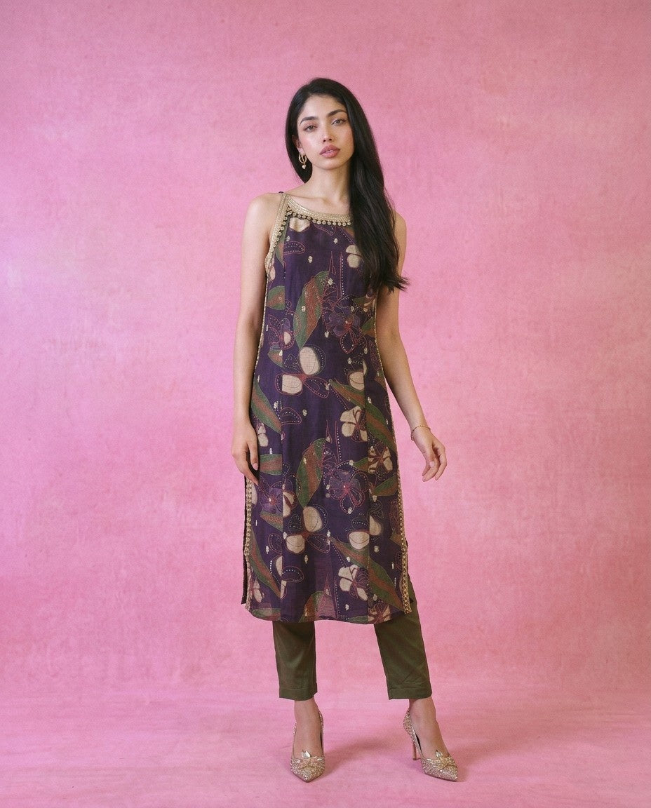 Purple Embroidered Viscose Blended Spaghetti Strap Straight Cut Long Kurta