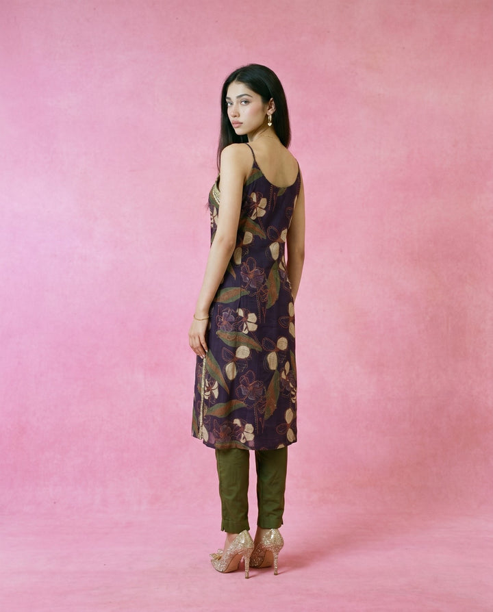 Purple Embroidered Viscose Blended Spaghetti Strap Straight Cut Long Kurta