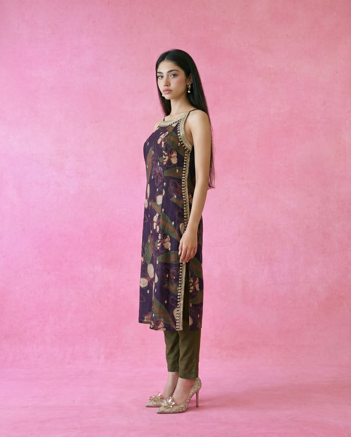 Purple Embroidered Viscose Blended Spaghetti Strap Straight Cut Long Kurta