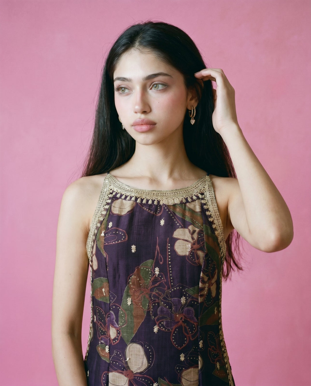 Purple Embroidered Viscose Blended Spaghetti Strap Straight Cut Long Kurta