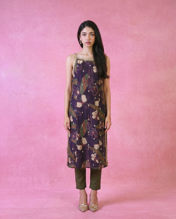 Purple Embroidered Viscose Blended Spaghetti Strap Straight Cut Long Kurta