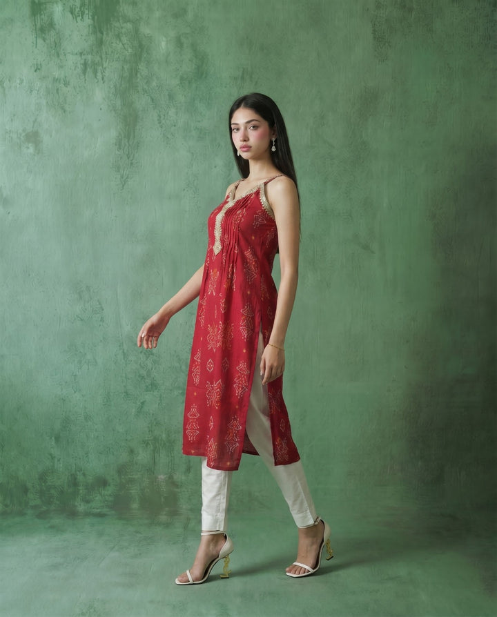 Magenta Printed Viscose Blended Spaghetti Strap A-Line Cut Long Kurta