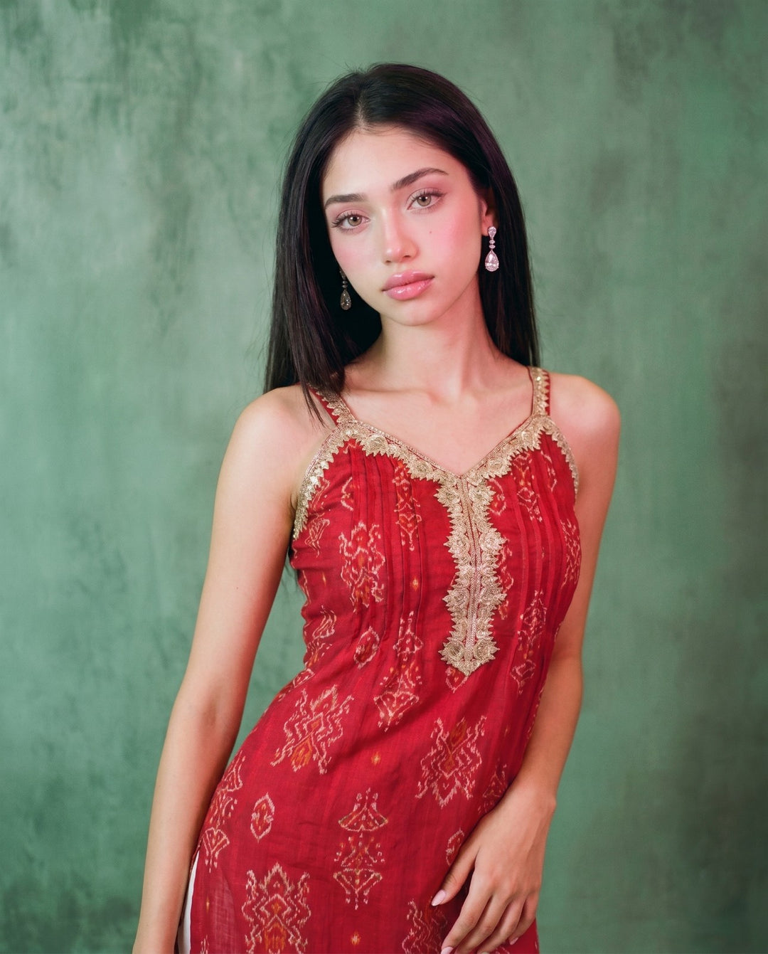 Magenta Printed Viscose Blended Spaghetti Strap A-Line Cut Long Kurta