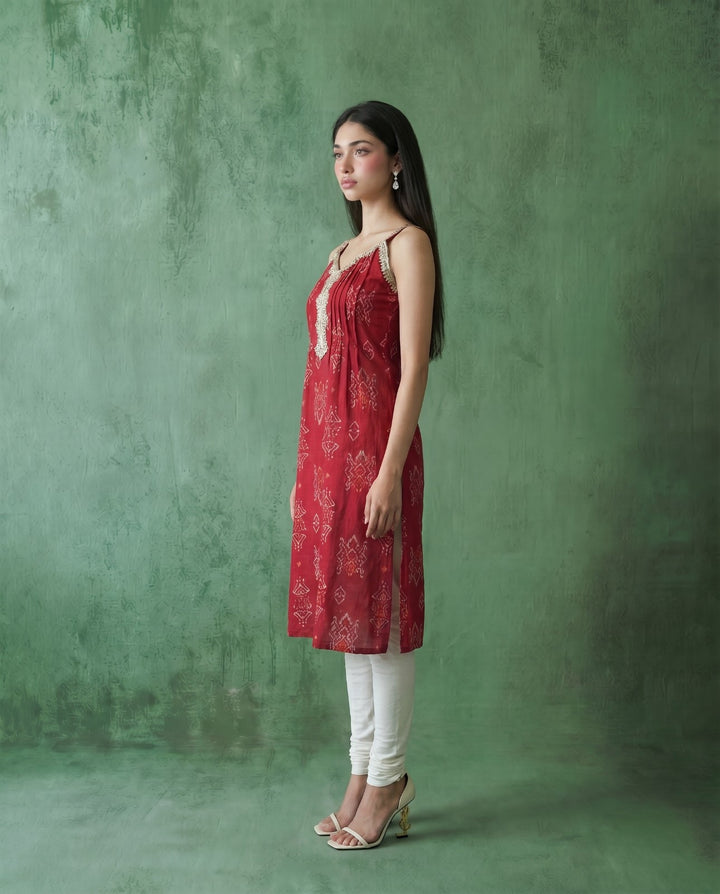 Magenta Printed Viscose Blended Spaghetti Strap A-Line Cut Long Kurta