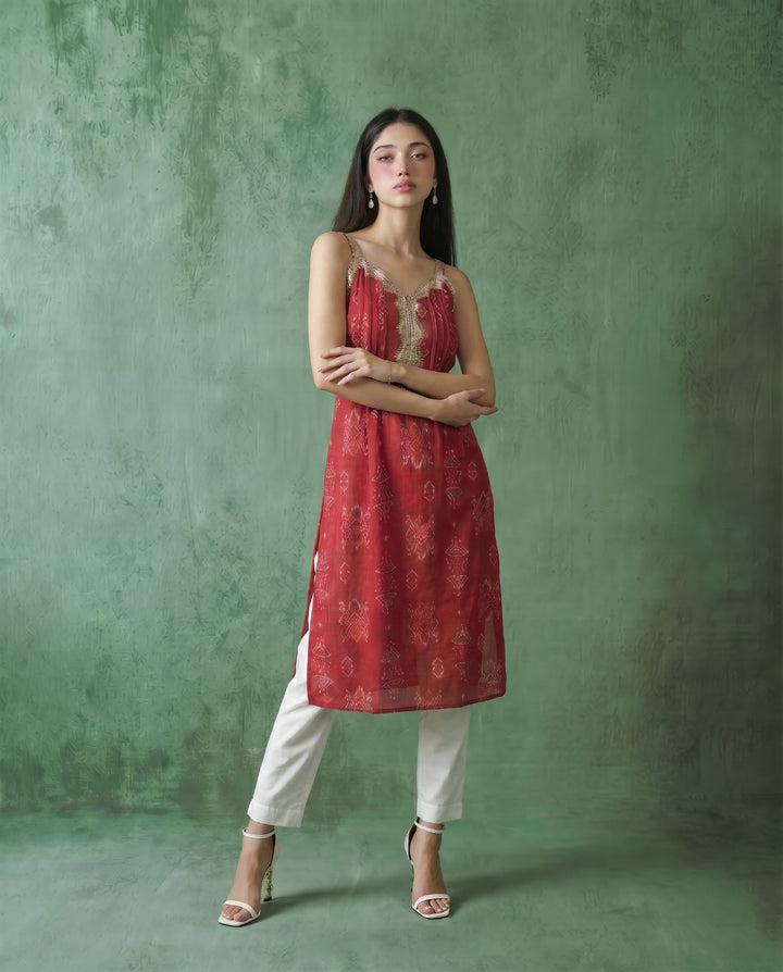 Magenta Printed Viscose Blended Spaghetti Strap A-Line Cut Long Kurta