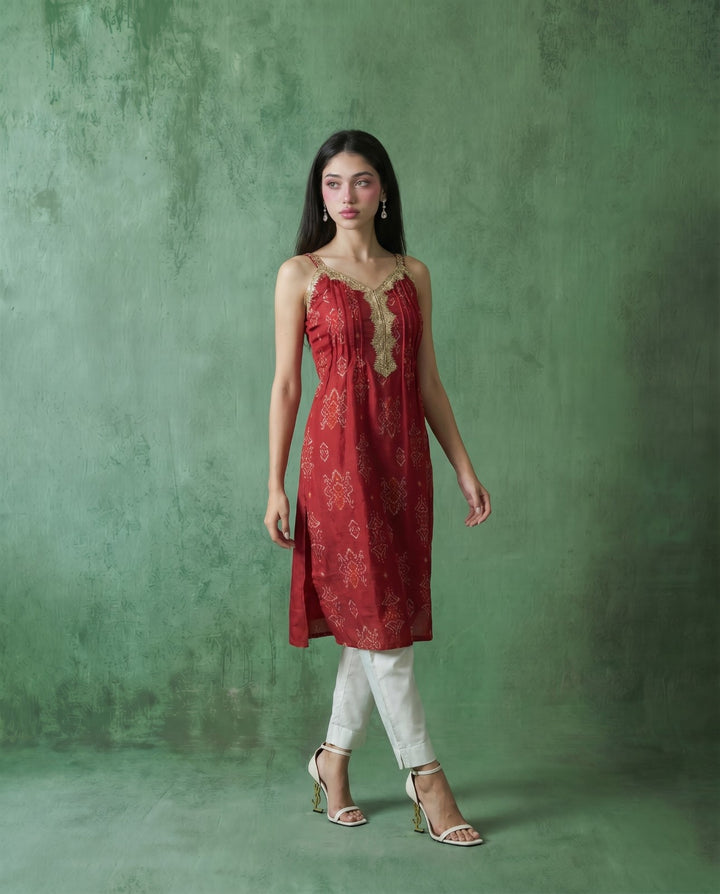 Magenta Printed Viscose Blended Spaghetti Strap A-Line Cut Long Kurta