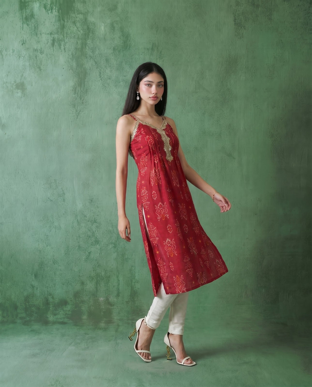 Magenta Printed Viscose Blended Spaghetti Strap A-Line Cut Long Kurta