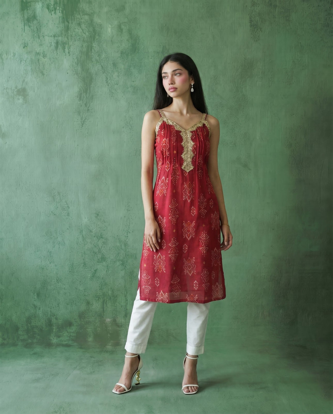 Magenta Printed Viscose Blended Spaghetti Strap A-Line Cut Long Kurta