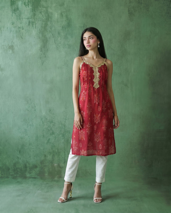 Magenta Printed Viscose Blended Spaghetti Strap A-Line Cut Long Kurta