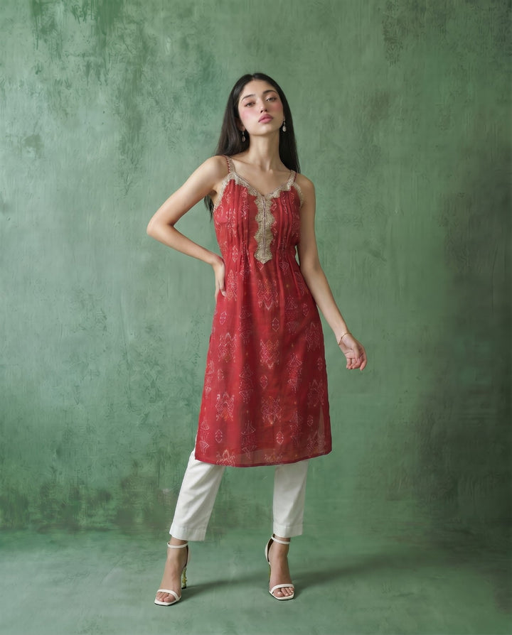 Magenta Printed Viscose Blended Spaghetti Strap A-Line Cut Long Kurta