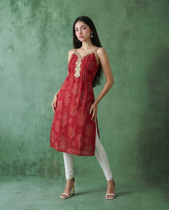 Magenta Printed Viscose Blended Spaghetti Strap A-Line Cut Long Kurta