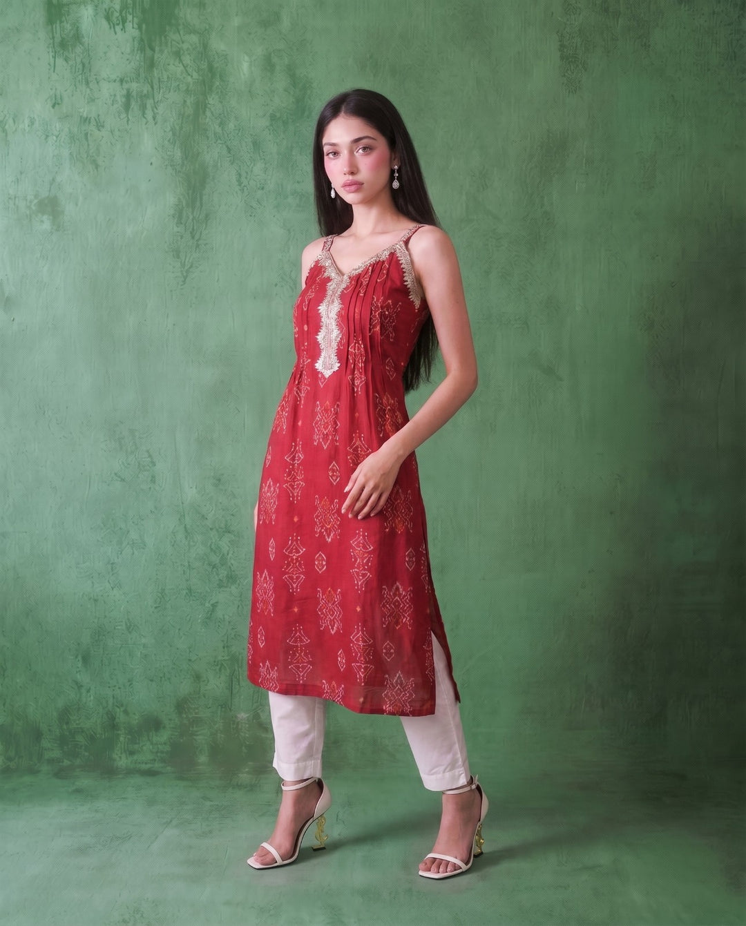 Magenta Printed Viscose Blended Spaghetti Strap A-Line Cut Long Kurta