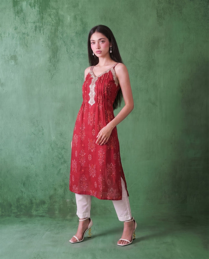 Magenta Printed Viscose Blended Spaghetti Strap A-Line Cut Long Kurta