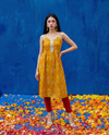 Mustard Printed Viscose Blended Spaghetti Strap A-Line Cut Long Kurta