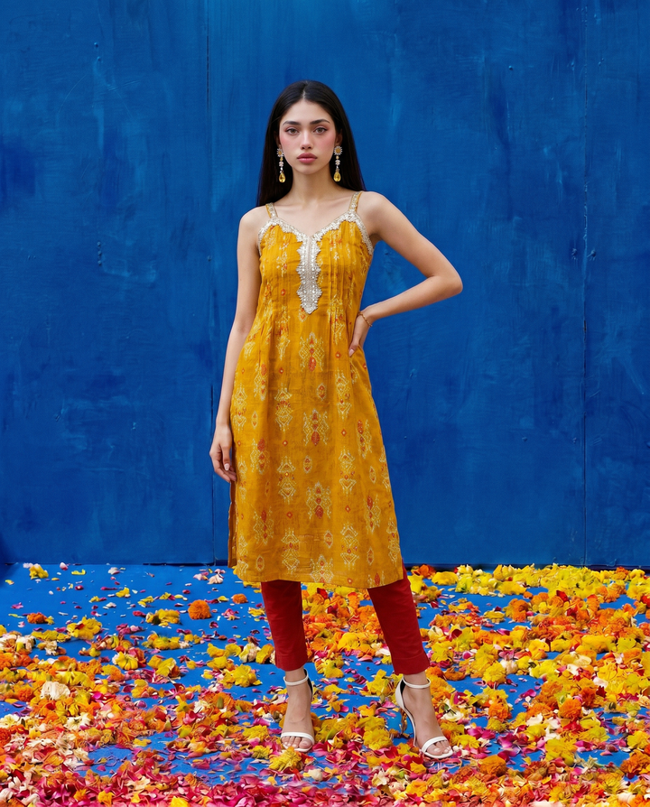 Mustard Printed Viscose Blended Spaghetti Strap A-Line Cut Long Kurta