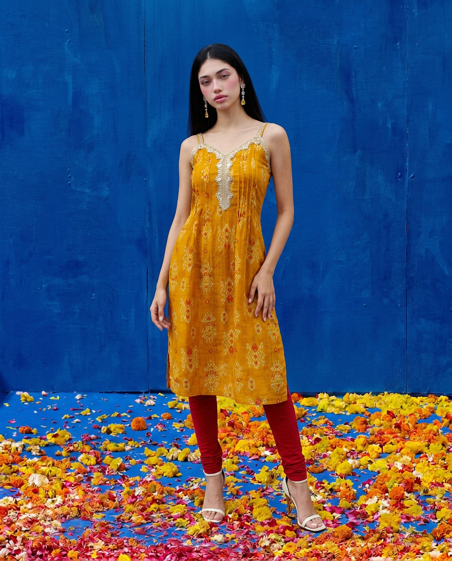 Mustard Printed Viscose Blended Spaghetti Strap A-Line Cut Long Kurta