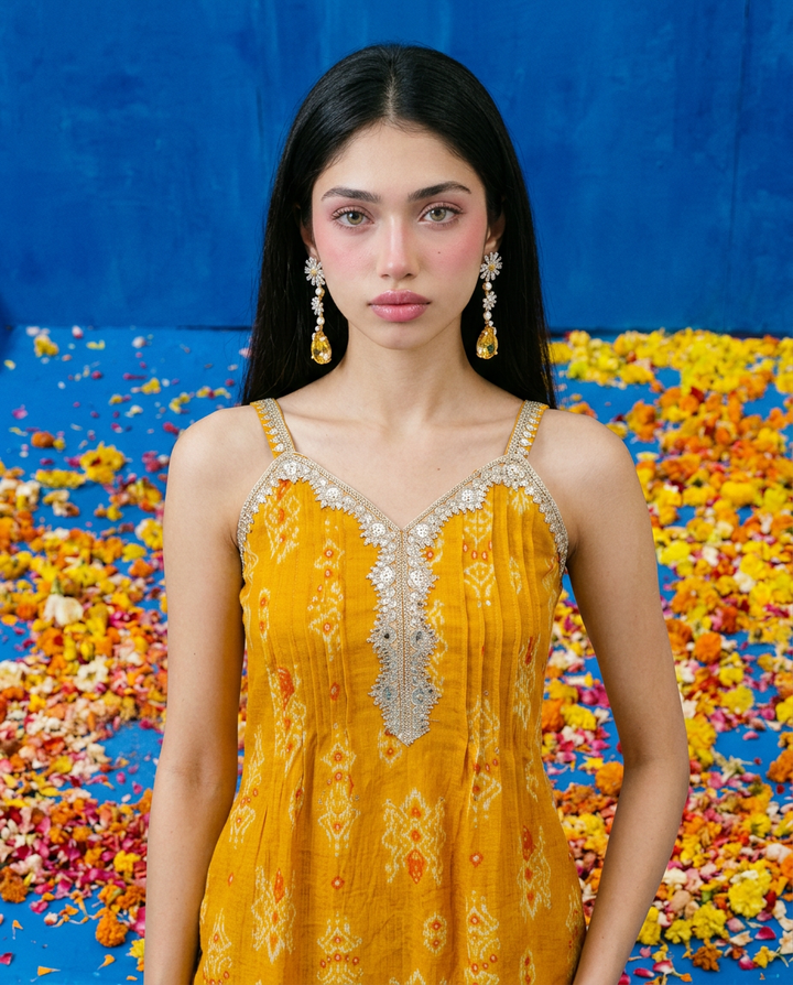 Mustard Printed Viscose Blended Spaghetti Strap A-Line Cut Long Kurta