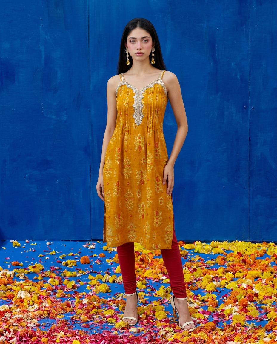 Mustard Printed Viscose Blended Spaghetti Strap A-Line Cut Long Kurta
