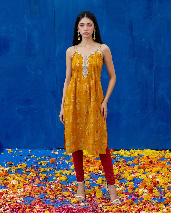 Mustard Printed Viscose Blended Spaghetti Strap A-Line Cut Long Kurta