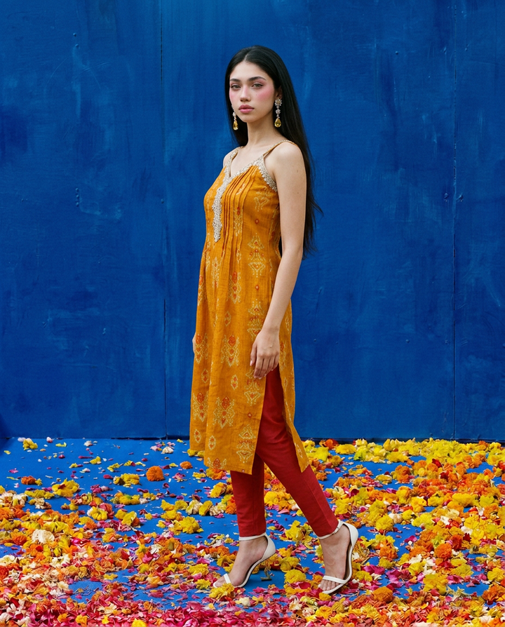 Mustard Printed Viscose Blended Spaghetti Strap A-Line Cut Long Kurta