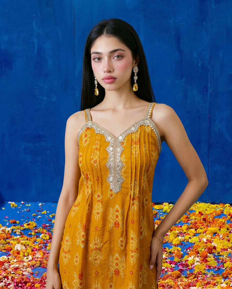 Mustard Printed Viscose Blended Spaghetti Strap A-Line Cut Long Kurta