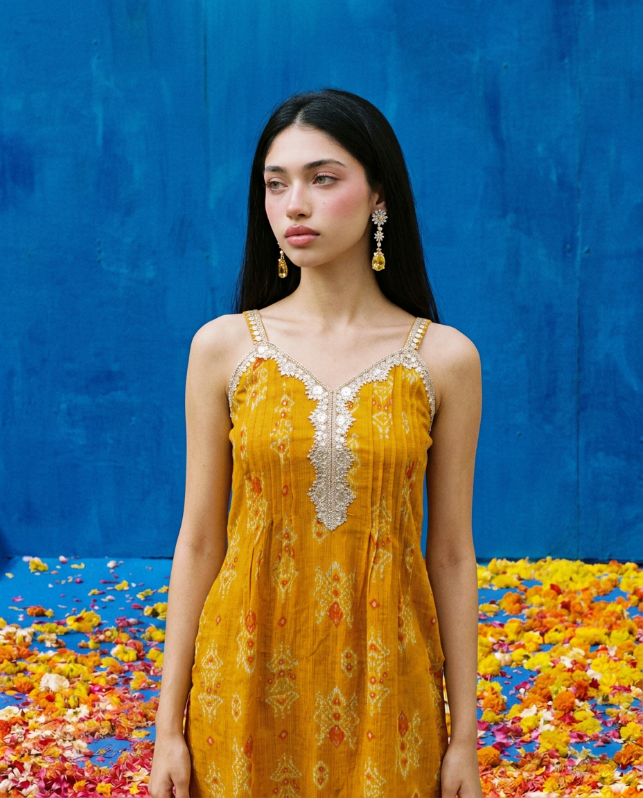 Mustard Printed Viscose Blended Spaghetti Strap A-Line Cut Long Kurta